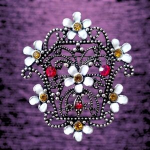 Floral Brooch with Beaded Silver Tone